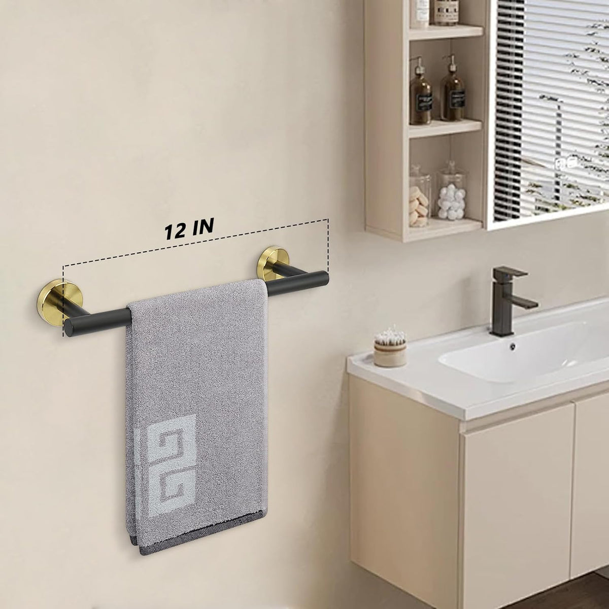 NearMoon Bath Towel Bar, Bath Accessories Thicken Stainless Steel Shower Towel Rack for Bathroom, Towel Holder Wall Mounted (1 Pack, Matte Black & Gold, 12 Inch)