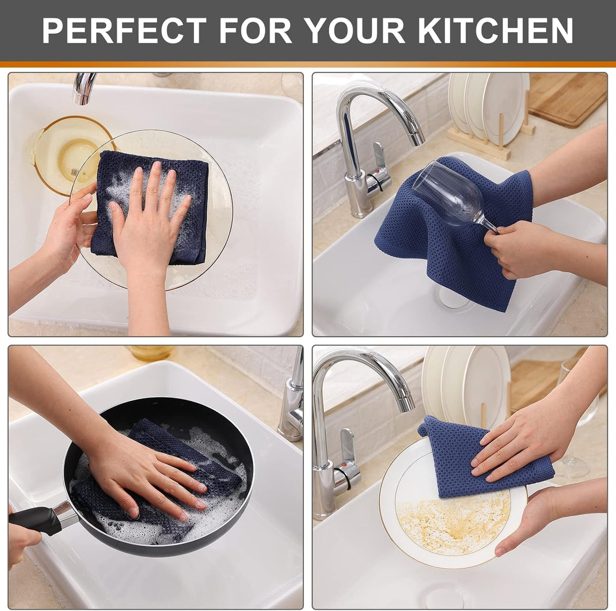 Kitinjoy 100% Cotton Kitchen Dish Cloths, 8 Pack Waffle Weave Ultra Soft Absorbent Dish Towels for Drying Dishes Quick Drying Kitchen Towels Dish Rags, 12 X 12Inch, Navy Blue