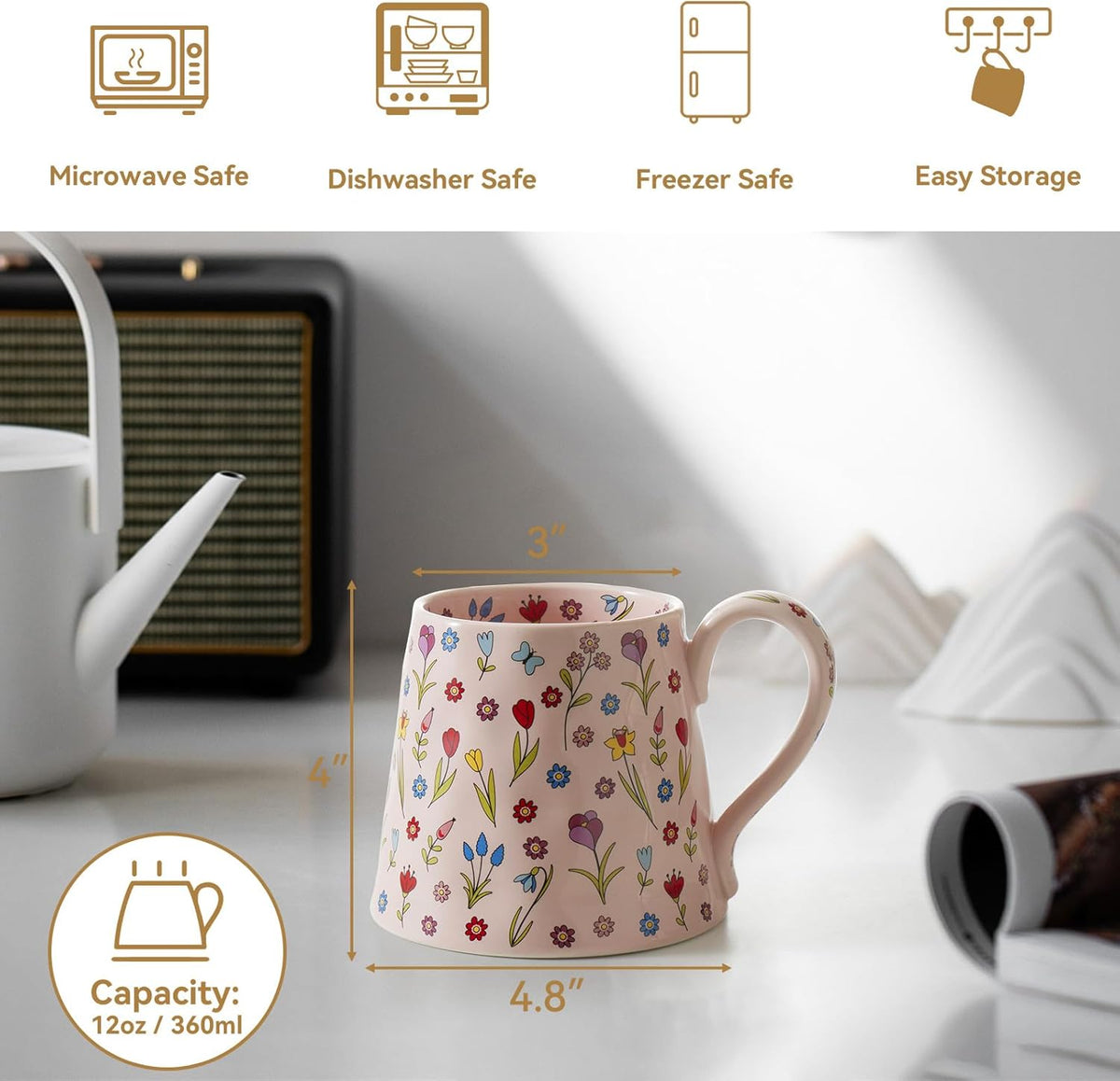 Ceramic Coffee Mug, Cute Creative Cup w/Unique Design Home Office, 12 oz Latte Tea Milk Gift for Women Girls Friend (White)