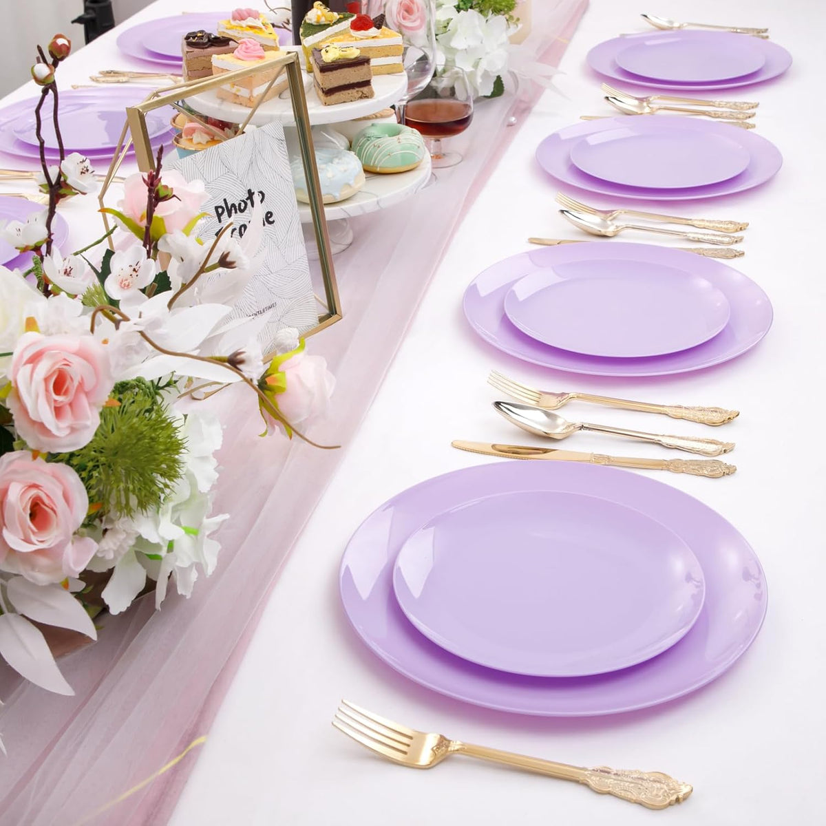 KIRE 60PCS Purple Plastic Plates Disposable - Heavy Duty Purple Plates Include 30Pcs 10.25” Dinner and 30Pcs 7.5” for Dessert/Salad - for Wedding/Bridal Shower