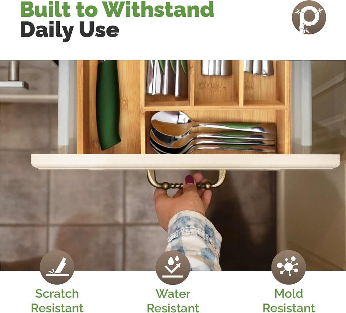 Silverware Organizer - Small Extra-Deep Wooden Kitchen Drawer Organizer Divider for Spoons, Forks, Knives & Cutleries - 5 Slots