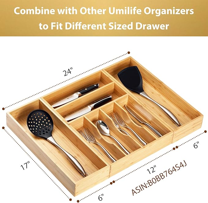 Umilife Bamboo Kitchen Utensils Organizer, Extra Long High Silverware Drawer Holder, Flatware Cutlery Storage Box, Multi-Use Drawer Divider in Office, Bathroom, Pantry - 17"x6"x2.5" (Set of 2)