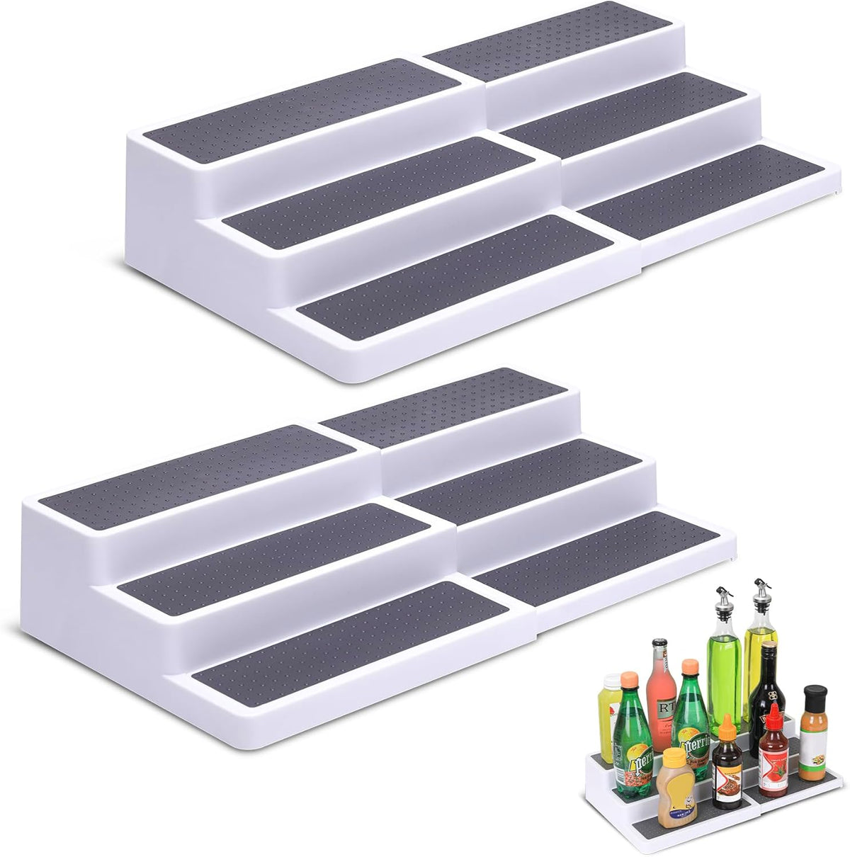 3-Tier Expandable Spice Rack, Plastic Spice Rack Organizer for Cabinet, Adjustable Length, Non-Skid Spice Shelf Organizer for Kitchen Cabinet, Countertop or Pantry, 2 Pack, White/Grey