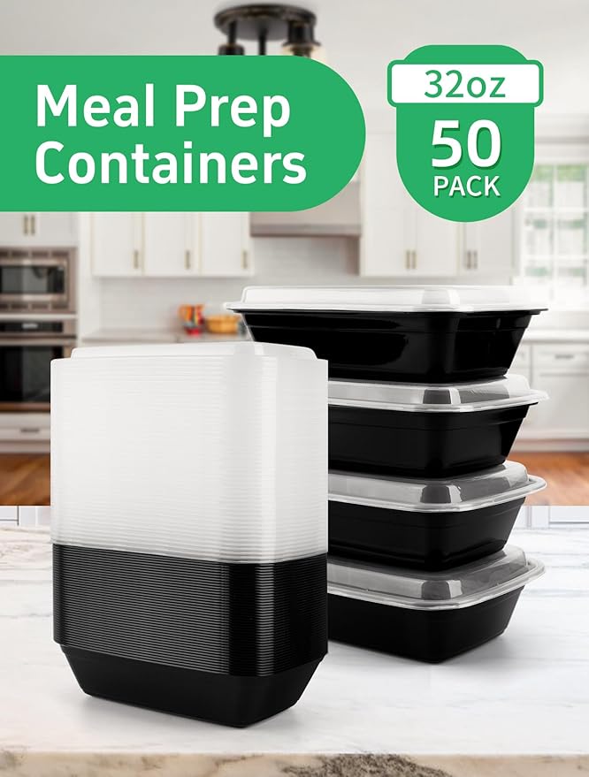 50 Pack Meal Prep Containers 32 oz – Reusable Plastic Food Storage with Lids, Leakproof, BPA-Free, Microwave Freezer Dishwasher Safe, To-Go Takeout Containers