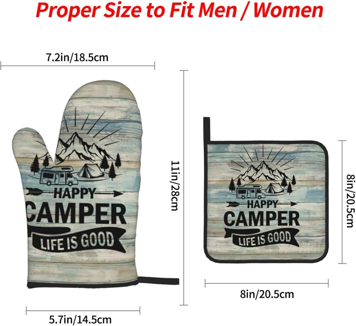 Happy Camper Oven Mitts and Pot Holders Sets of 4,Resistant Hot Pads with Polyester Non-Slip BBQ Gloves for Kitchen,Cooking,Baking,Grilling