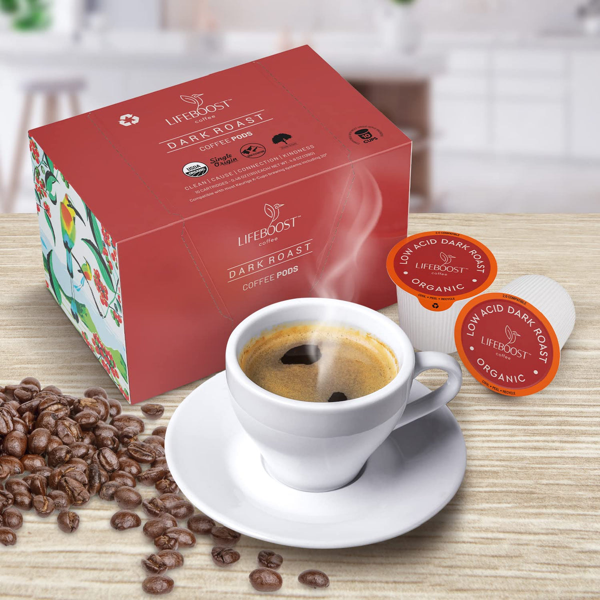 Lifeboost Dark Roast Low Acid Coffee K Cups - Single Origin Mold Free Non-GMO Organic Coffee Pods - Compatible with Keurig & Keurig 2 Machines - 10 Count