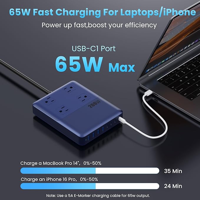 12-in-1 Charging Station USB C Power Strip with 5ft Cord,200W GaN IV USB C Charger Block,4 AC Outlets,4 USB-A,4 USB-C for MacBook,iPhone 16/15/14,Fast Charging Desktop Charger for Office (A-Blue)