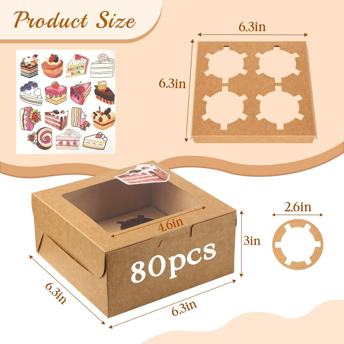 OAMCEG 80 Pack Cookie Boxes with Window, 6x6x3 Inches Brown Bakery Treat Boxes with Stickers & Twine for Pastry, Desserts, Strawberries, Cupcakes, Gift Giving