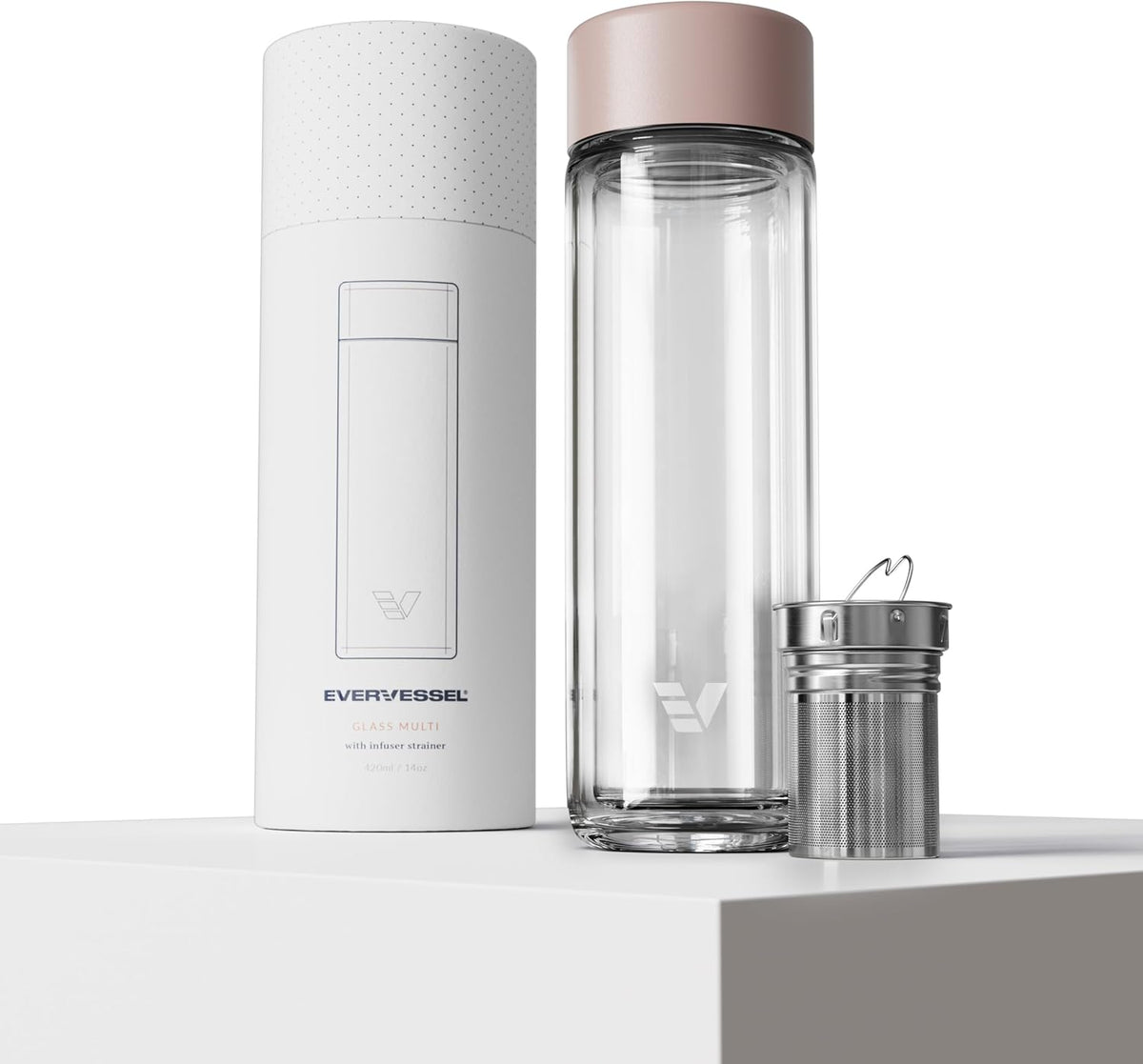 Glass Multi Tea Infuser Bottle 14oz - Double Wall Borosilicate Glass Flask | No Plastic Touches Contents | Perfect for Office or Home - Rose Pink
