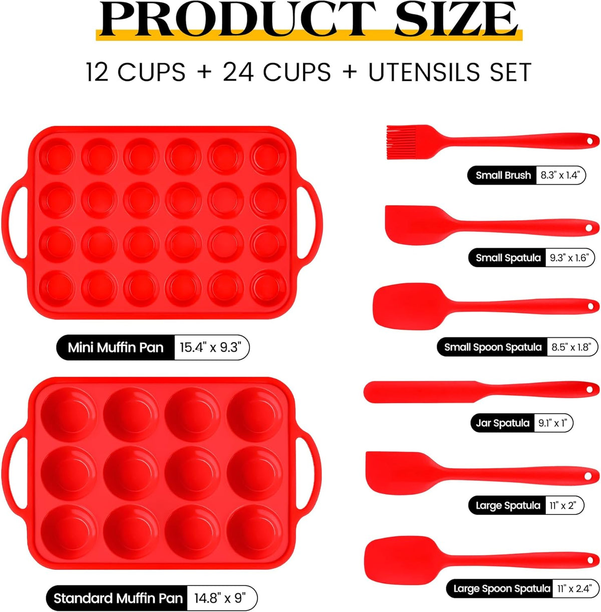 8 Pcs Silicone Muffin Pan Set, 12 Cup Regular & 24 Cup Mini Nonstick Muffin Tray with 6 Pcs Utensils, Silicone Muffin Pan for Baking with Metal Reinforced Frame, BPA Free (Red)