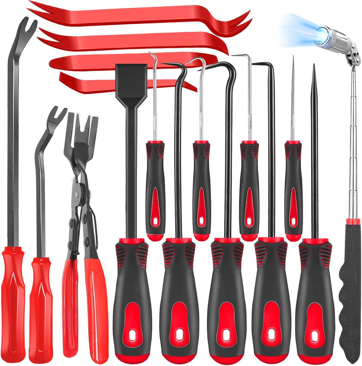 17Pcs Mechanic Hook and Pick Tool Set & Car Trim Removal Kit with Fastener Clip Pliers,Rivet Puller,Magnetic Pickup,Gasket Scraper,Non-Scratch Plastic Pry Tools for Automotive Repair-Red