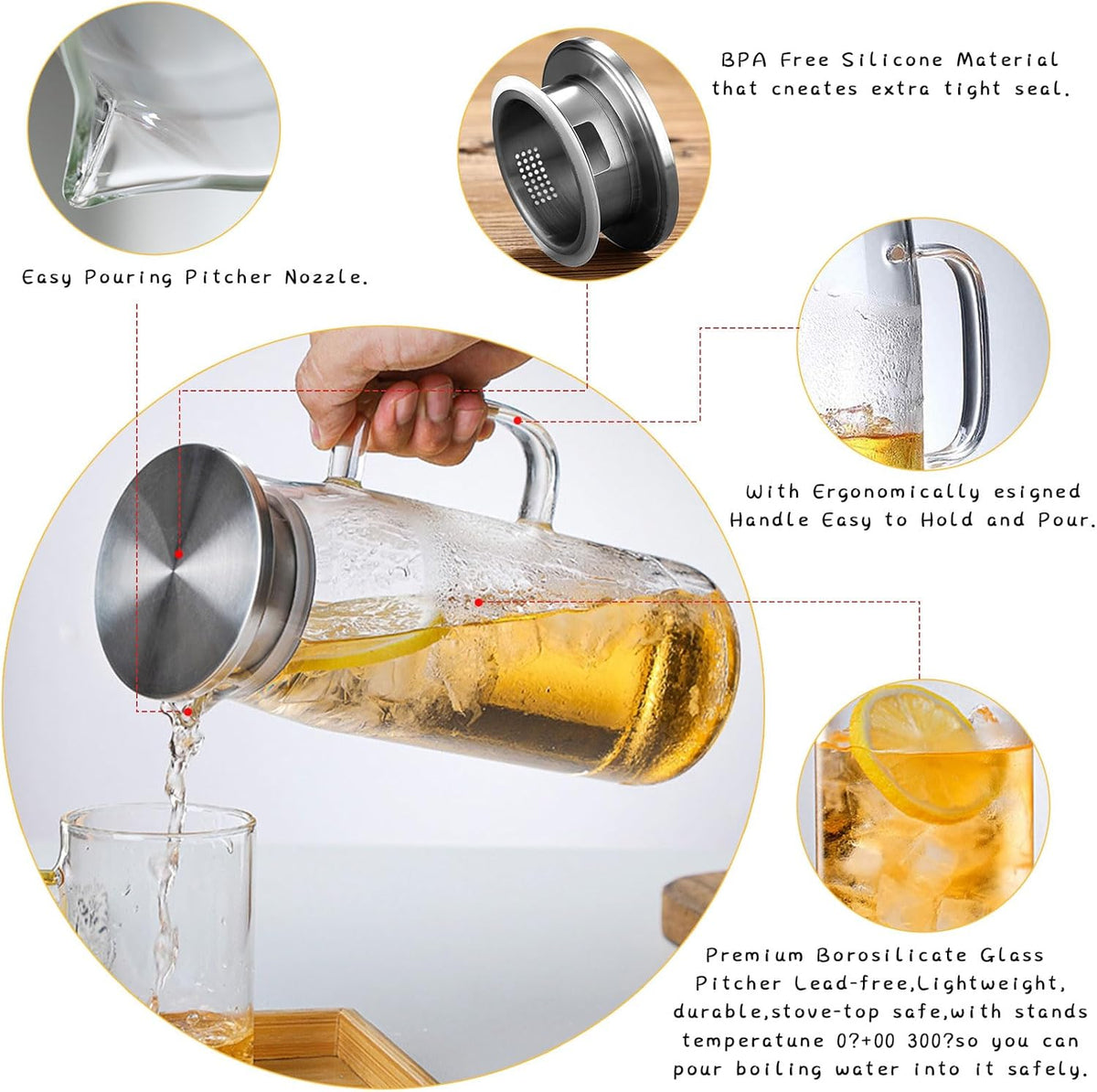 hjn Glass Pitcher with Lid Glass Water Carafe with Handle, Fridge Water Jug Cold or Hot Beverages, Iced Tea, Milk, Juice 1500ml/51oz & aluminium lid