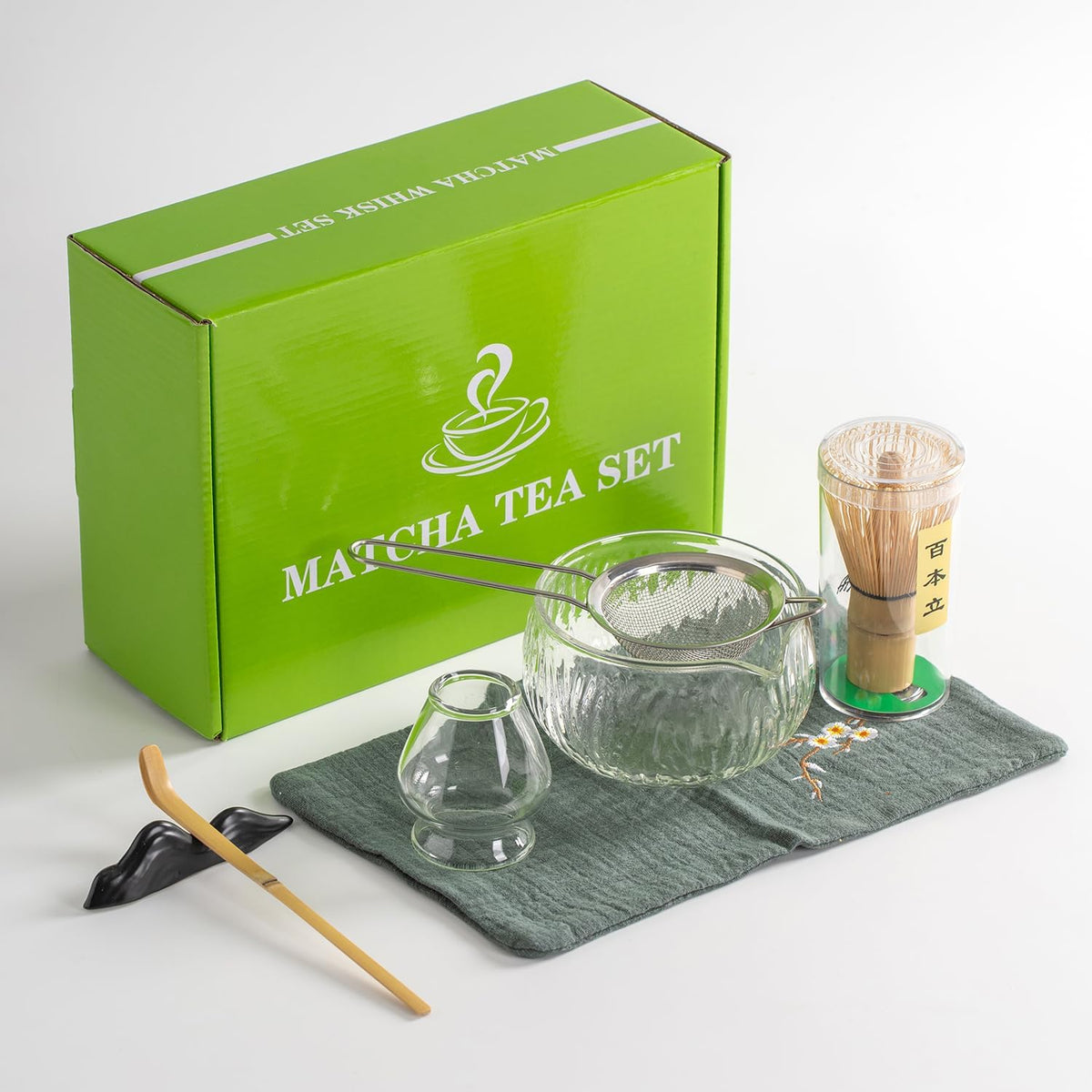Japanese Tea Set (7pcs) Matcha Whisk Set Matcha Bowl with Pouring Spout Bamboo Matcha Whisk (chasen) Scoop (chashaku) Matcha Whisk Holder Tea Making Kit. WHITE GLASS
