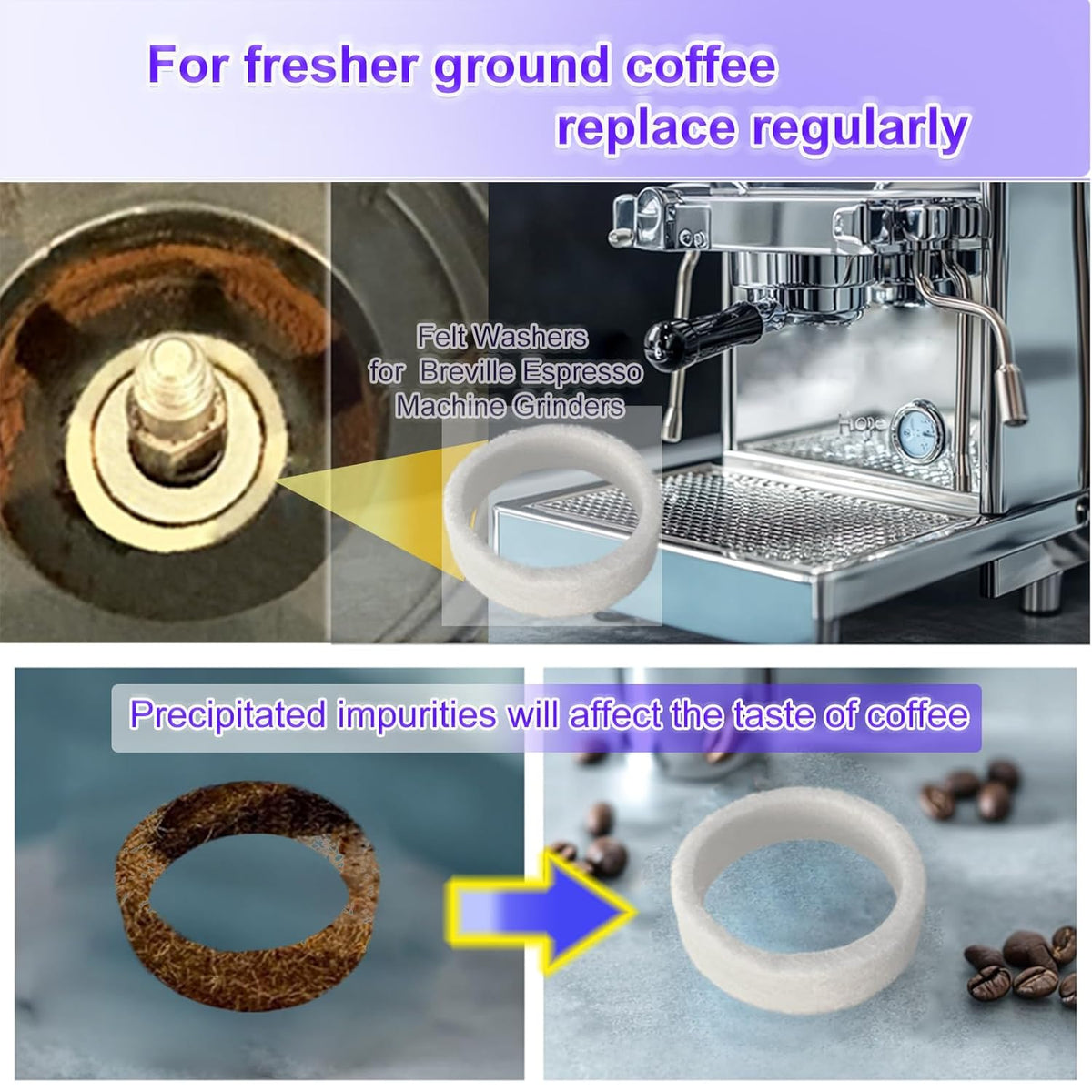 6-Piece Felt Washer Replacement for Breville Espresso Machine Grinders - Compatible with BES870/BES878/BES880/BES980/BCG820 Models, Espresso Grinder Felt Ring Eiranoly