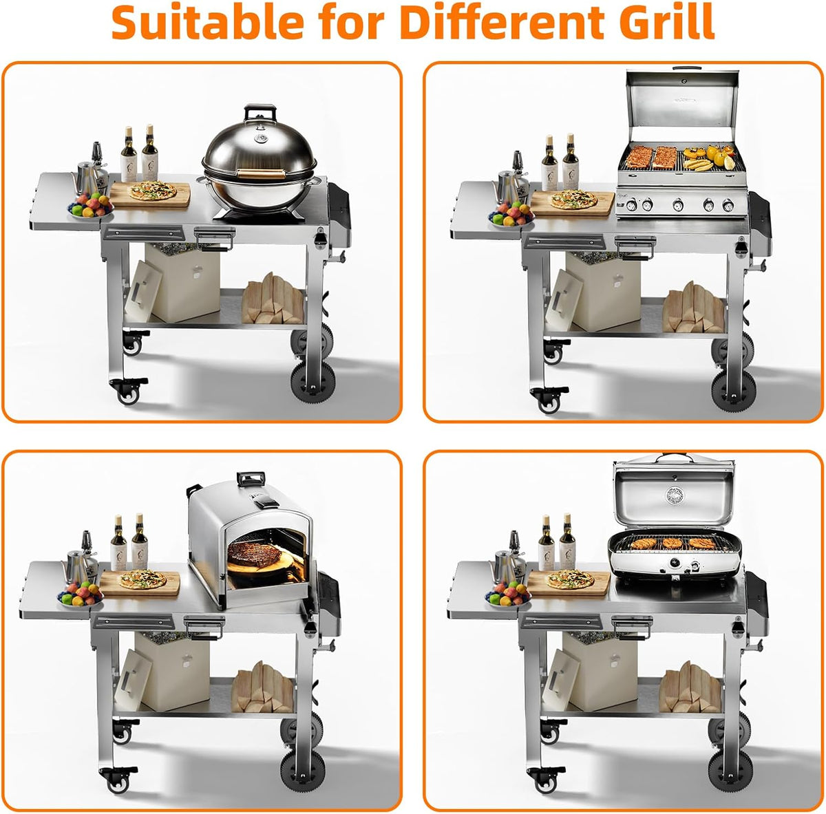 Food Grade 304 Stainless Steel BBQ Grill Table fits Tabletop Griddle, Outdoor Grill Table with 4 Foldable Legs, Portable Grill Stand for RV, Camping, Tailgating