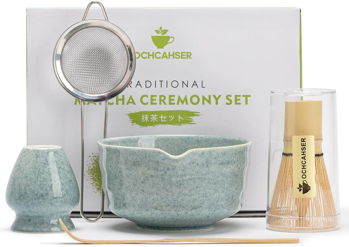 Matcha Set, Matcha Whisk Set Includes Matcha Bowl, Matcha Whisk Holder, Bamboo Matcha Whisk, Scoop and Matcha Sifter, 17 oz Mottled Blue Glaze Ceramic Matcha Kit for Tea Lovers