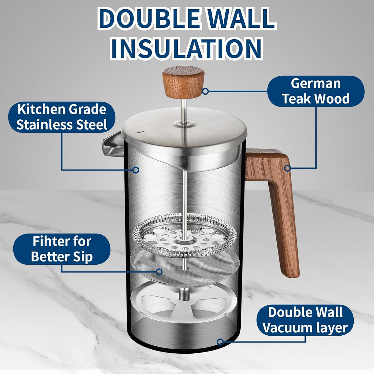 BERTILLE french press coffee maker, 34OZ 304 food stainless steel French press coffee maker with solid wood handle, double-layer insulation and 3-layer filtration system (silver)