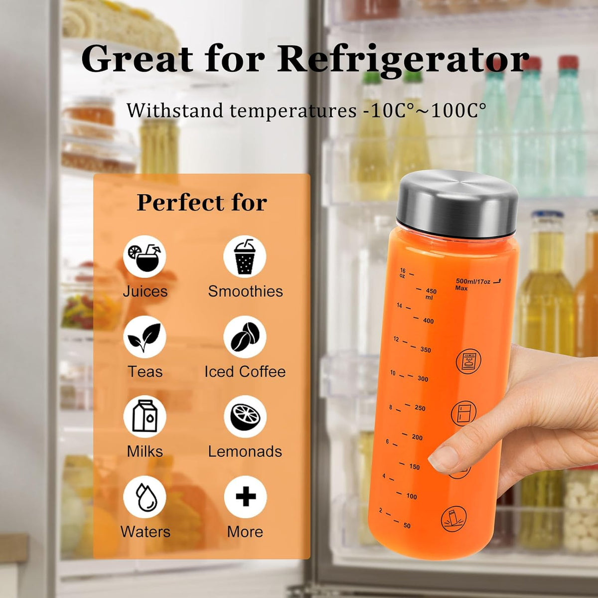 2 Pack Juice Bottles with Caps - Wide Mouth Resuable Clear Plastic Water Bottles for Juicing,Smoothie,Protein, Beverage,Storage Containers,BPA Free,Leakproof Stainless Steel Lid(16 Ounces)