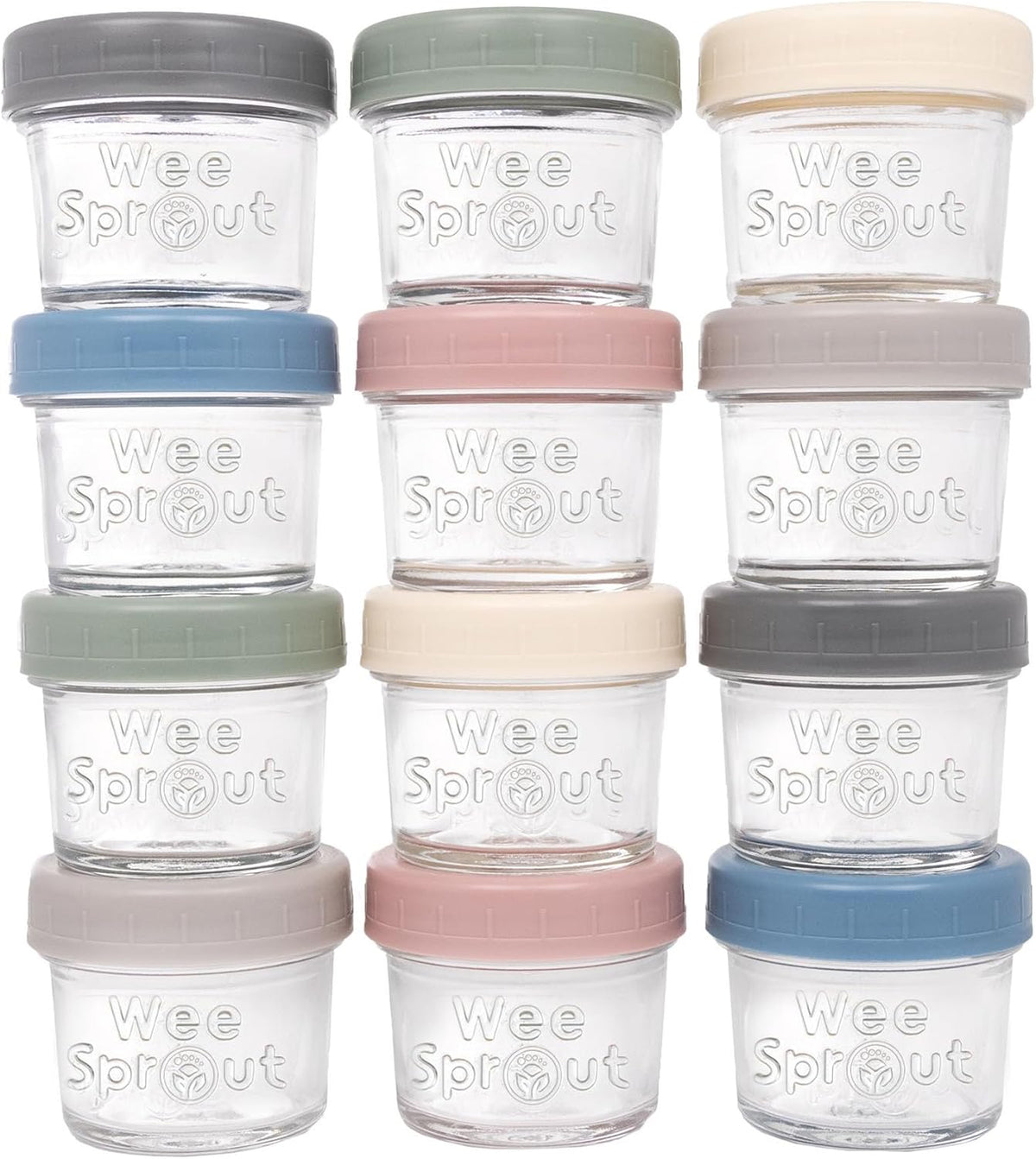 WeeSprout Glass Baby Food Storage Jars w/Lids (4 oz, 12 Pack Set) Snack, Puree, Reusable Small Containers, Breast Milk, Fridge or Freezer, Microwave & Dishwasher Safe, Essential Must Have for Infants