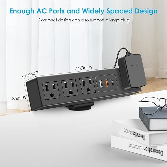 CCCEI Desk Clamp Power Strip with USB-A and USB-C Ports, Desktop Mount Surge Protector 1200J, Widely Spaced Desk Outlet Station, Fast Charging, 10 FT Flat Plug, Fit 1.9 inch Tabletop Edge. (Black)