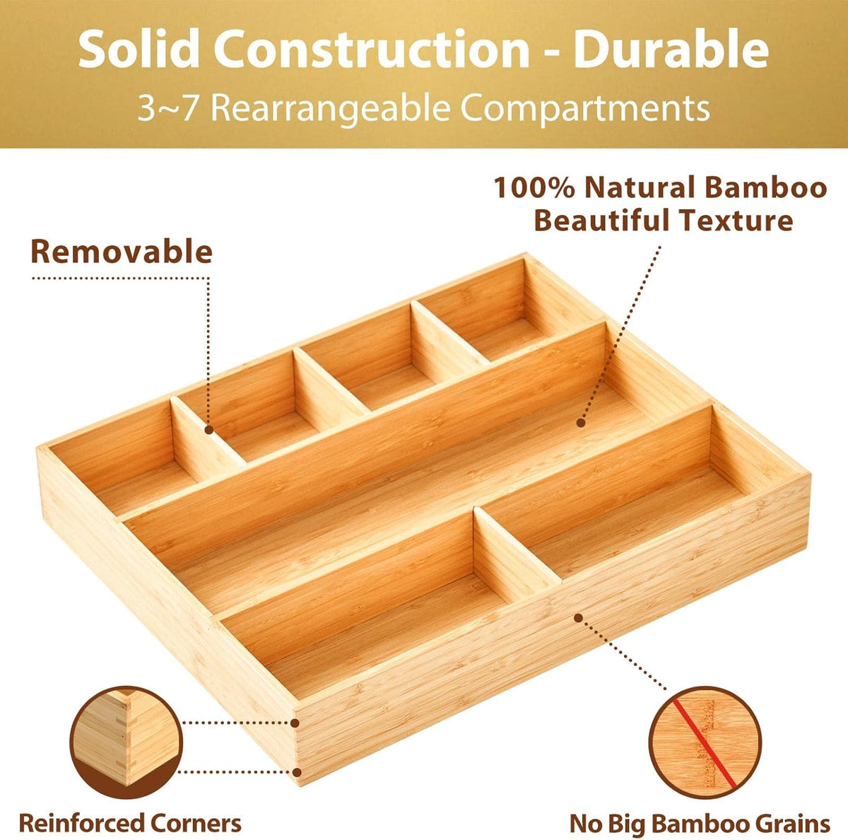 Umilife Large Bamboo Desk Drawer Organizer, Wood Junk Organizer Tray with Adjustable Dividers, Anti-Skip Storage Organization in Office Bathroom Drawer for Vanity, Makeup, 15" x 12"