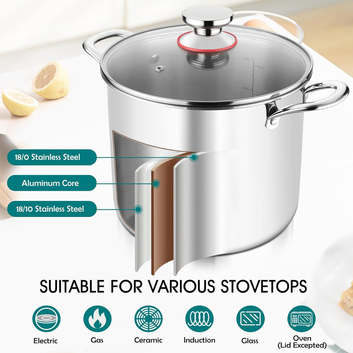 TeamFar 10 Quart Stock Pot, Stainless Steel Tri-ply Large Stockpot Pasta Soup Cooking Pot with Glass Lid, for Induction Gas Ceramic Electric, Nontoxic & Heavy Duty, Ergonomic Handles & Dishwasher Safe