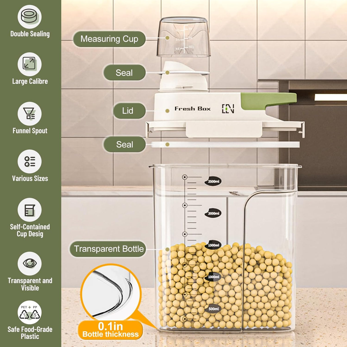 Cereal Storage Container 1Pack,85oz/2.5L Airtight Food Storage Containers With Lids,Organizers Storage With Measuring Cup for Beans,Sugar,Rice,Nuts,Snacks,Pet Food,Candy (Green, 1Pack Large Size)
