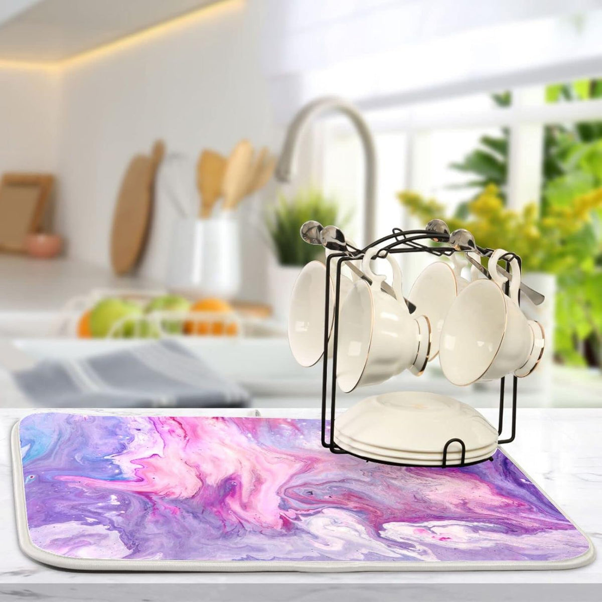 Super Absorbent Dish Drying Mat, Microfiber Fast-Drying Dish Mat, 24" x 18" , Kitchen Dish Drying Pad, Abstract Purplr Pink Marble Paint