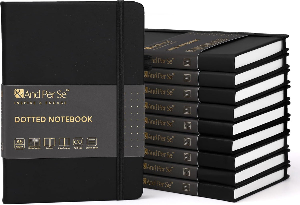 &And Per Se Dotted Journal Notebook (10 packs), A5 Hardcover Leather Bullet Dotted Journal, 160 Pages 100GSM Thick Paper, 3 Sheets of Stickers Included - 5.7'' x 8'' (Black)