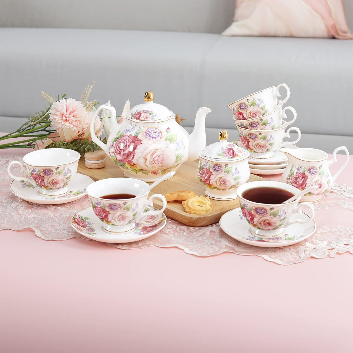 fanquare European Porcelain Coffee Set, Pink Women Tea Set, Bone China Tea Set, Vintage Floral Coffee Tea Pot with Cups