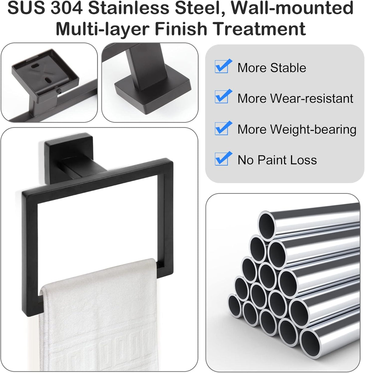 Matte Black Towel Ring,Square Hand Towel Holder,Towel Hanger, Bathroom Hardware Accessories,SUS 304 Stainless Steel Wall-Mounted