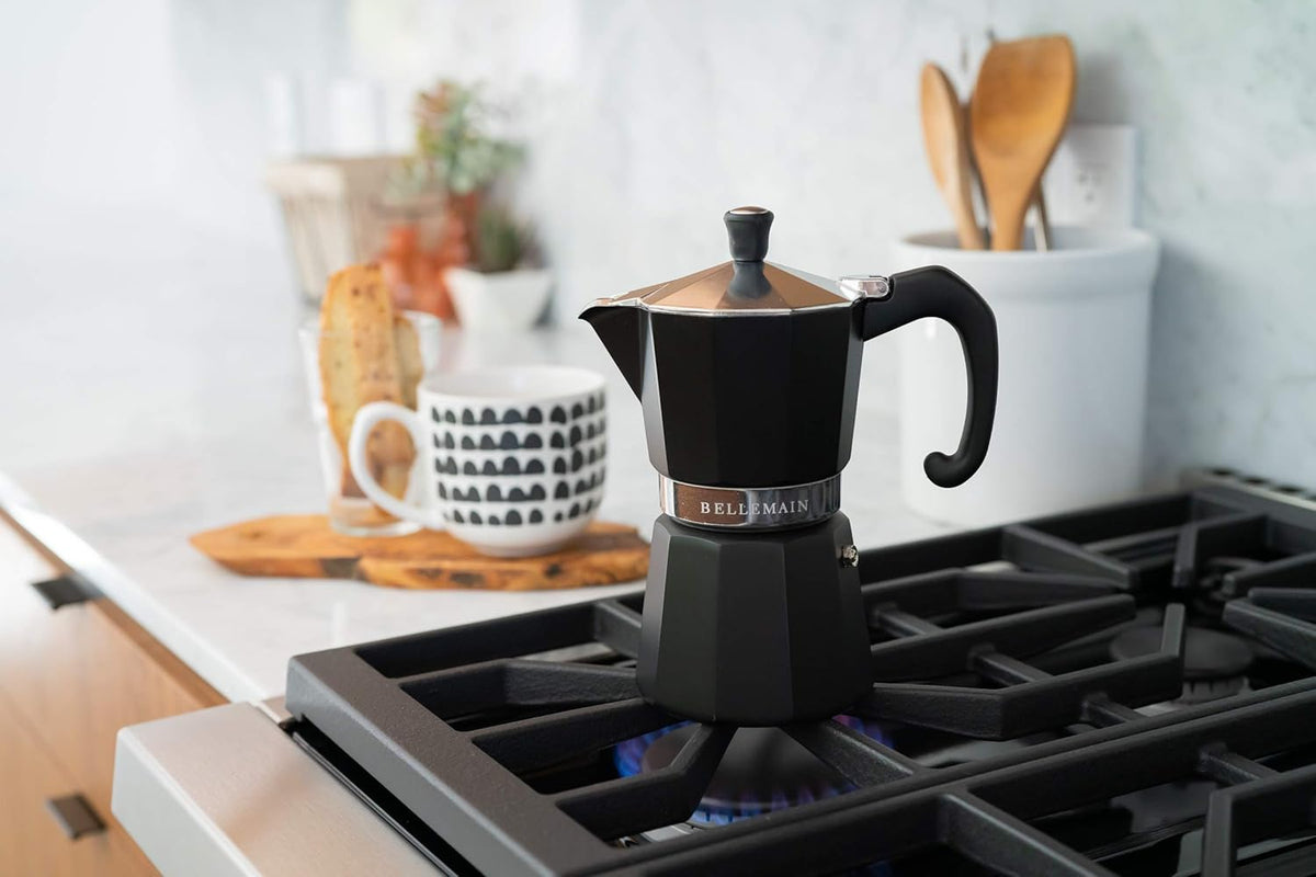 Bellemain Stovetop Espresso Maker | Italian Moka Pot Espresso Maker, Classic Aluminum Design Mocha Pot for Home Brewing & Camping | Easy to Use & Clean - 3-Cup, Black