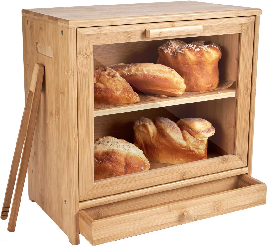Large Bamboo Bread Box for Kitchen Countertop, Double Layer Bread Boxes for Kitchen Counter with Utensil Tray Drawer Organizer, Large Capacity Bread Storage Container
