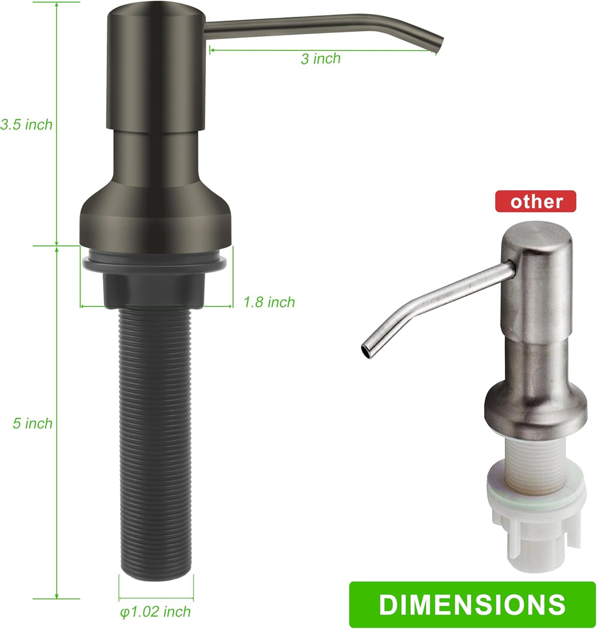 Soap Dispenser for Kitchen Sink, Sink Soap Dispenser with Longer Threaded Shaft, Stainless Steel Pump with 47" Extension Tube, Connects Directly to Dish Soap Container, Wide Pump Head Base（Gray）