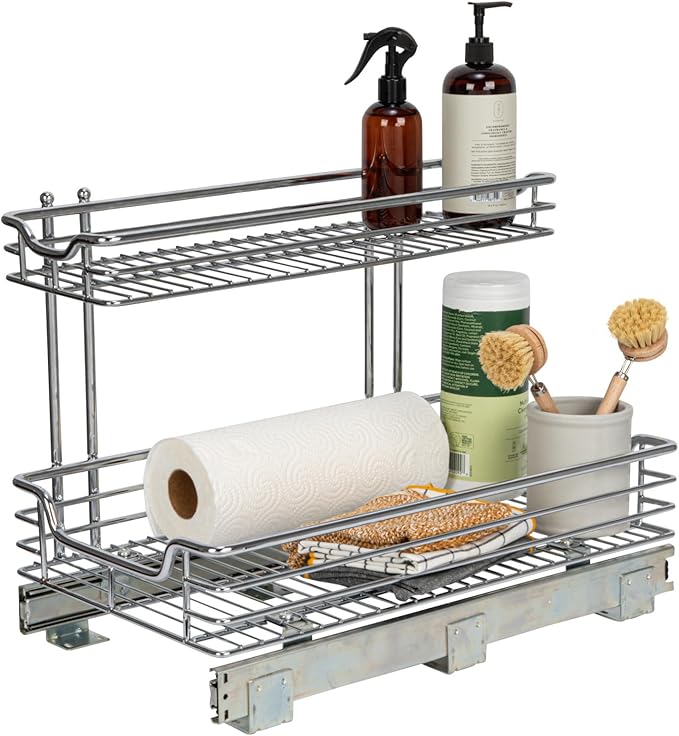 Household Essentials Glidez Multipurpose Chrome-Plated Steel Pull-Out/Slide-Out Storage Organizer for Under Sink or Under Cabinet Use - 2-Tier Design - Fits Standard Size Cabinet or Shelf, Chrome