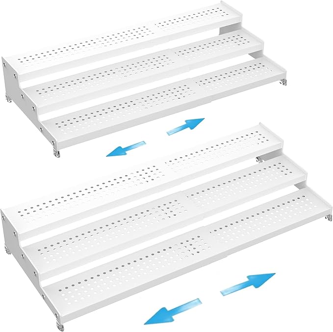 Expandable Spice Rack organizer with 3-Tier step shelf,Modern Design heavy duty,Non Skid and Visibility ,Great for Kitchen Cabinet,Bathroom,dressing table,Cupboard, Pantry and more(2PACKS/WHITE)