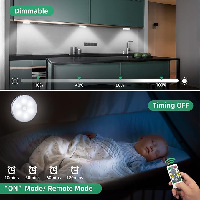 LED Closet Wireless Motion Sensor Step Lights, USB Rechargeable Battery Operated Puck Lights with Remote, Dimmable Under Cabinet Lighting for Counter,Kitchen,Stairs(3 Pack)