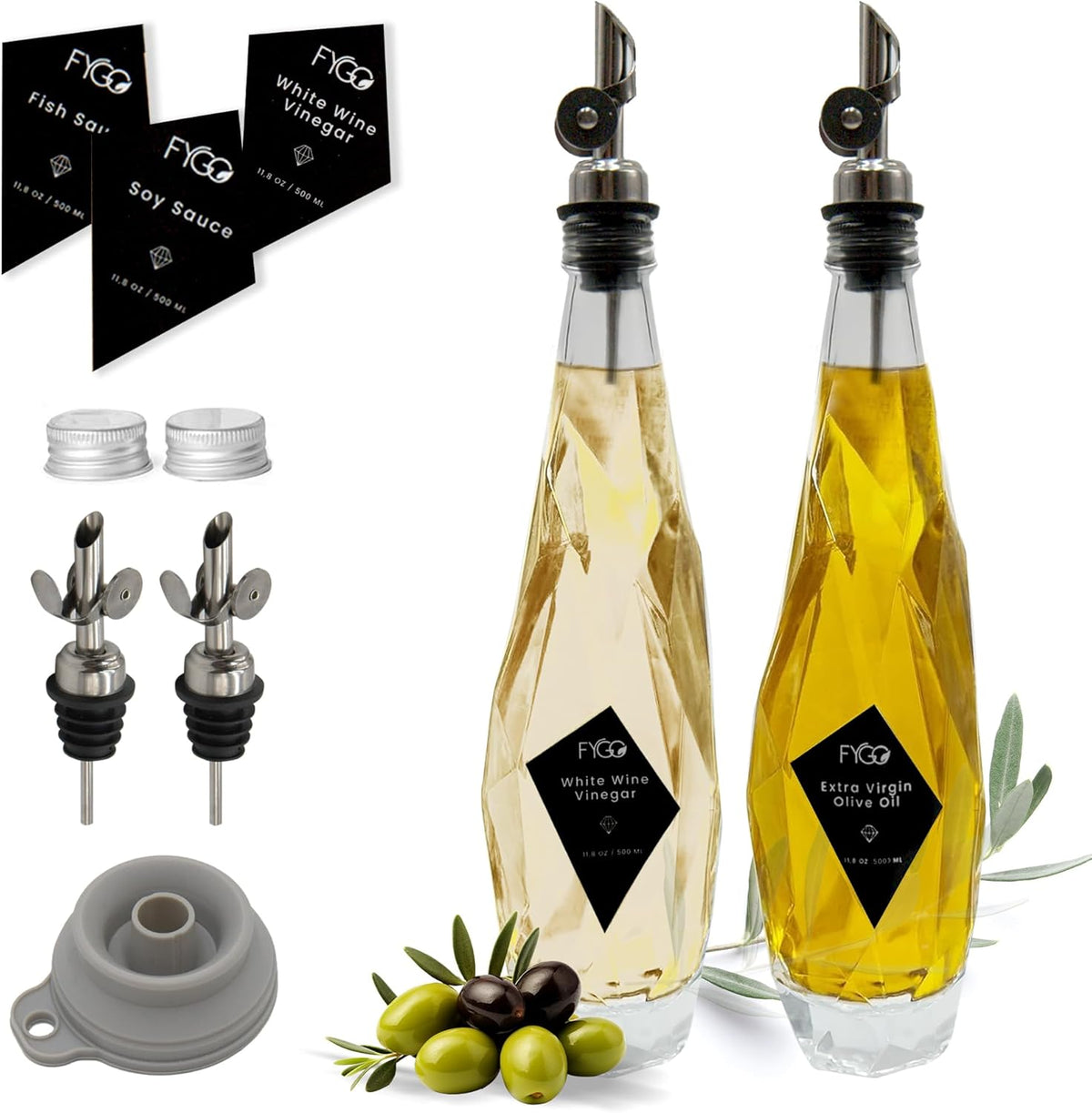 FYGO Diamond Lux Glass Olive Oil Bottle Set – 500ml Oil & Vinegar Dispenser with Pourer and Funnel, Kitchen Container (Set of 2)