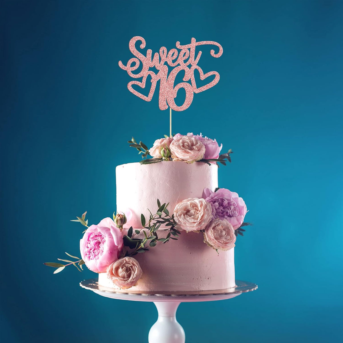 Gyufise 1Pc Sweet Teenager 16 Cake Topper Glitter 16th Birthday Cake Pick for Cheers to 16 Years Old 16th Birthday Party Cake Decorations Supplies Rose Gold