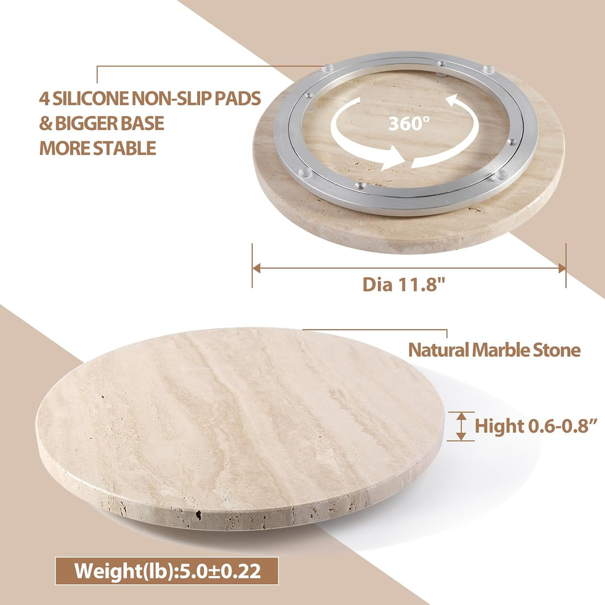 Travertine Lazy Susan for Table Top, 12 in Lazy Susan Turntable Organizer for Cabinet Pantry Kitchen Countertop Fridge Bathroom Makeup Vanity Countertop