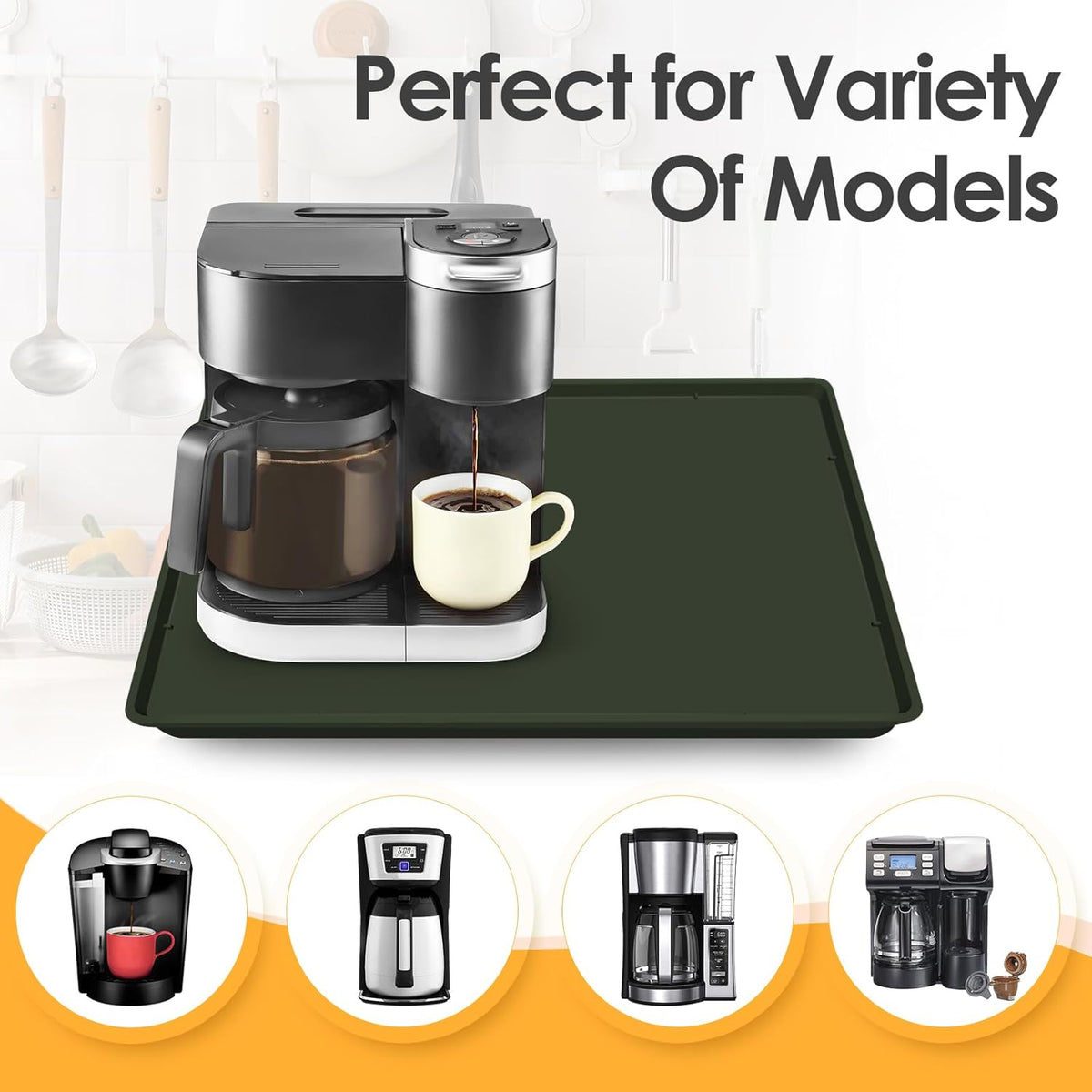 Silicone Coffee Maker Mat with Lip, 19.7'' x 15'' Heavy Duty Coffee Maker Mat for Countertops, Coffee Tray Fit Under Coffee Machine Appliance Automatic Machines Espresso Accessory, Dark Olive Green