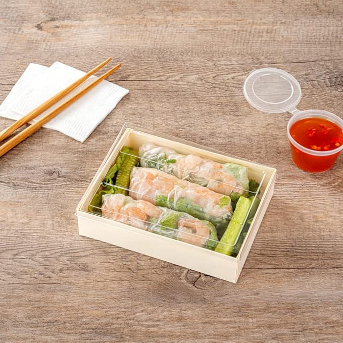 Restaurantware LIDS ONLY: Taipei 6.5 x 5 x 0.3 Inch Rectangle Transparent Lids 100 Plastic Lids For 23 Ounce Rectangle Wooden Containers - Containers Sold Separately Clear Plastic To Go Box Lids