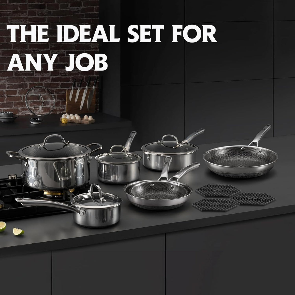 SNOWCLAD Pots and Pans Set Non Stick, 14 Pcs Hybrid Stainless Steel Cookware Sets, Non Stick Frying Pans, Saucepans, Saute Pan & Stock Pot, PFOA Free Kitchen Skillet,Induction Compatible