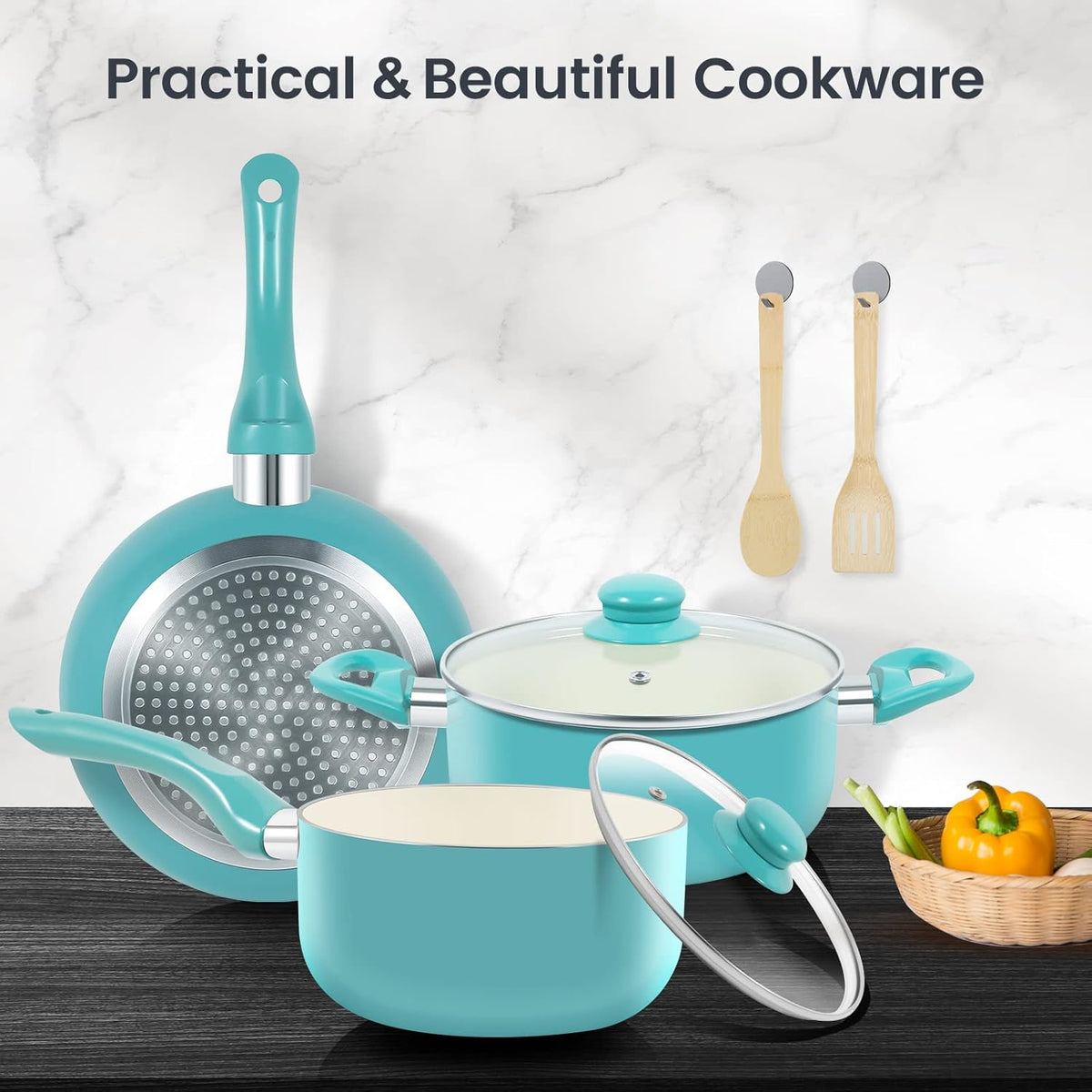 Pots and Pans Set, 7 Piece Nonstick Ceramic Cookware Set, Kitchen Induction Cookware Sets, Pots and Pans Non Stick with Stay Cool Handle, 100% PFOA Free, Turquoise
