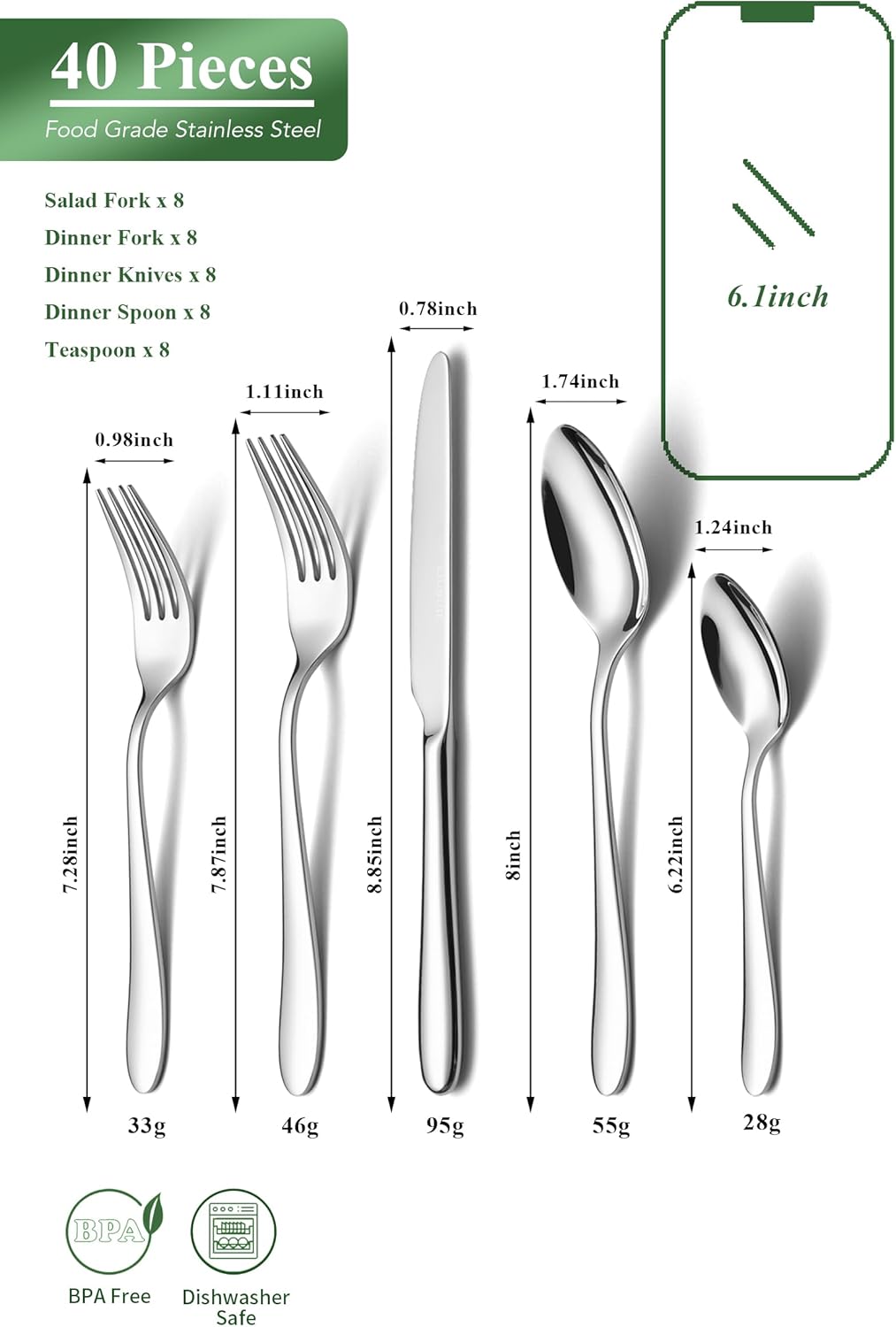 40 Piece Silverware Set for 8, Stainless Steel Flatware Set, Cutlery Sets with Mirror Finish, Dishwasher Safe, Modern Kitchen Forks, Spoons, Knives, Eating Utensil Sets