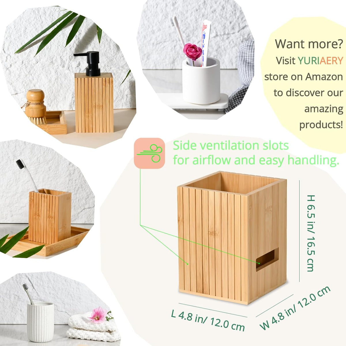 Fluted Bamboo Utensil Holder 6.5 Inch, Natural Kitchen Crock for Countertop, Modern Spoon and Spatula Organizer for Utensil Storage