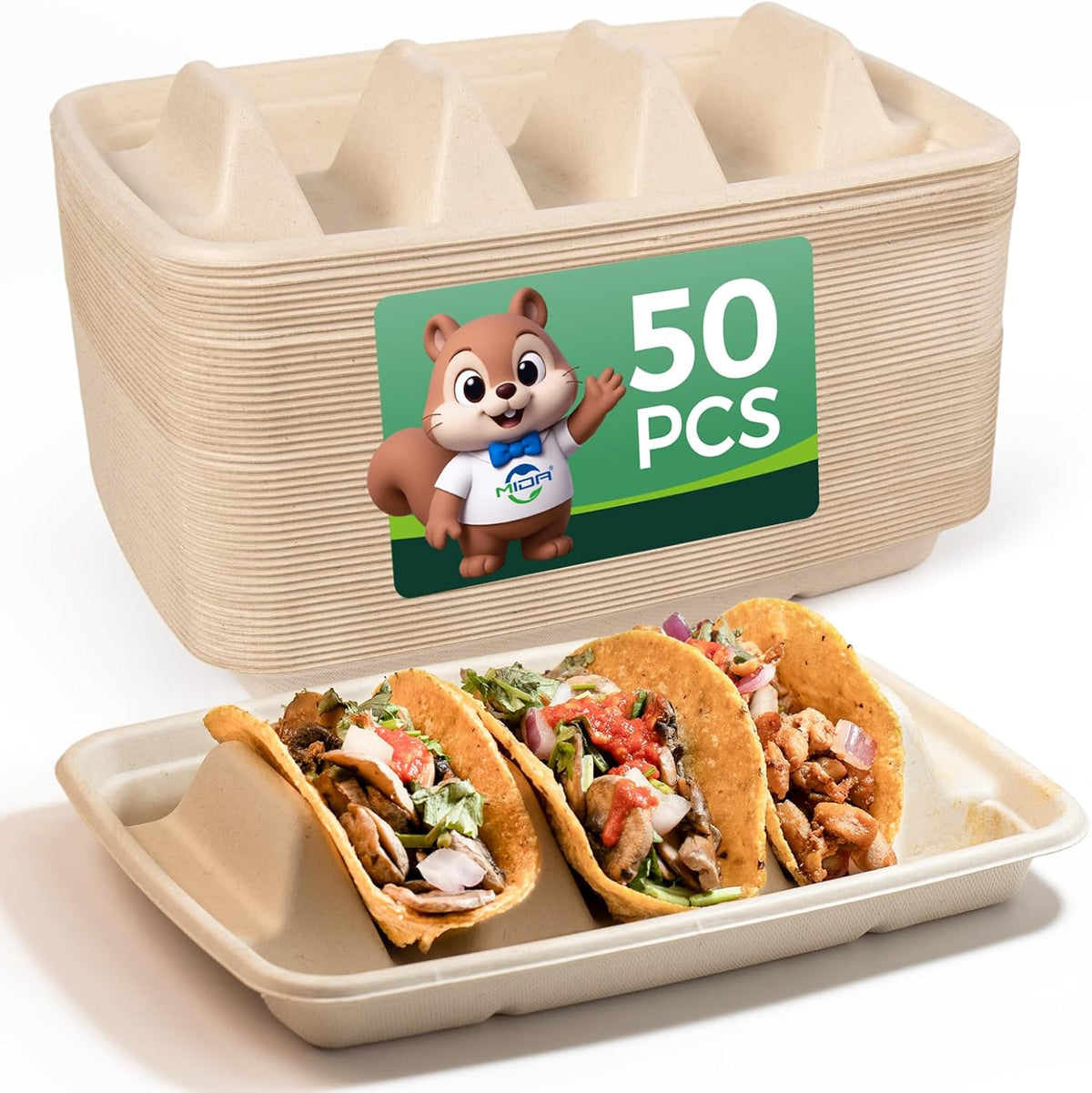 50-Pack 100% Compostable Biodegradable Paper Taco Holders, Eco-Friendly Disposable Paper Taco Tray for Taco Tuesday, Lazy Susan Taco Bar (50-Pack with lids)