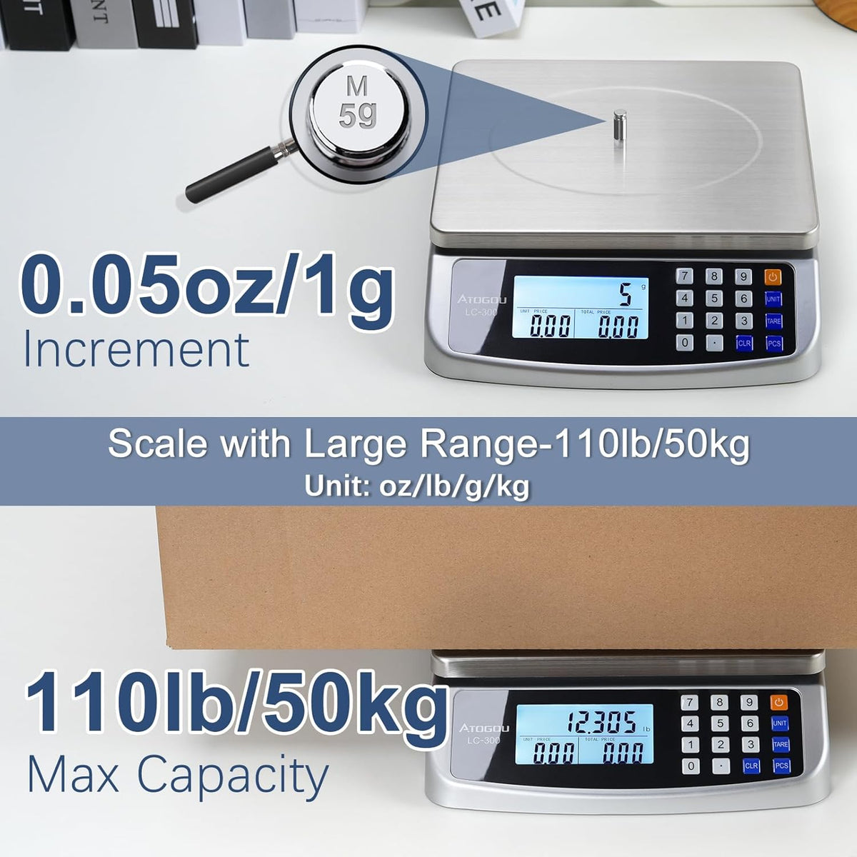 110lb Food Scale, Commercial Kitchen Scale with Price Computing, Plug-in Usable, 0.05oz/1g, 304 Stainless Steel, for Cooking, Vegetables, Farm, Industry, Counting. LC300