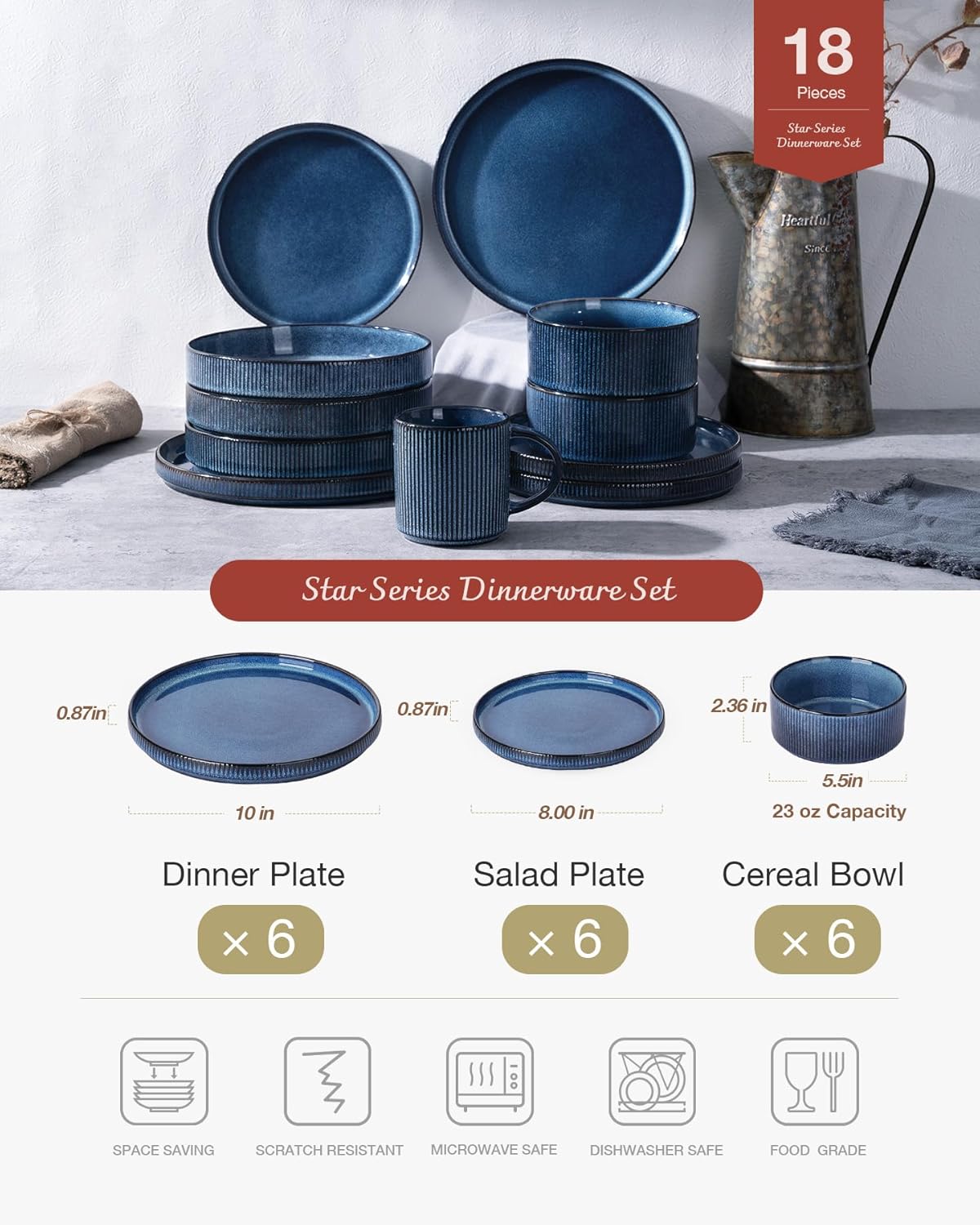 Famiware Star Plates and Bowls Sets, Modern Stoneware Dinnerware Sets for 6, 18-Piece Kitchen Dish Set - Chip and Scratch Resistant, Microwave and Dishwasher Safe Tableware, Nebulas Blue