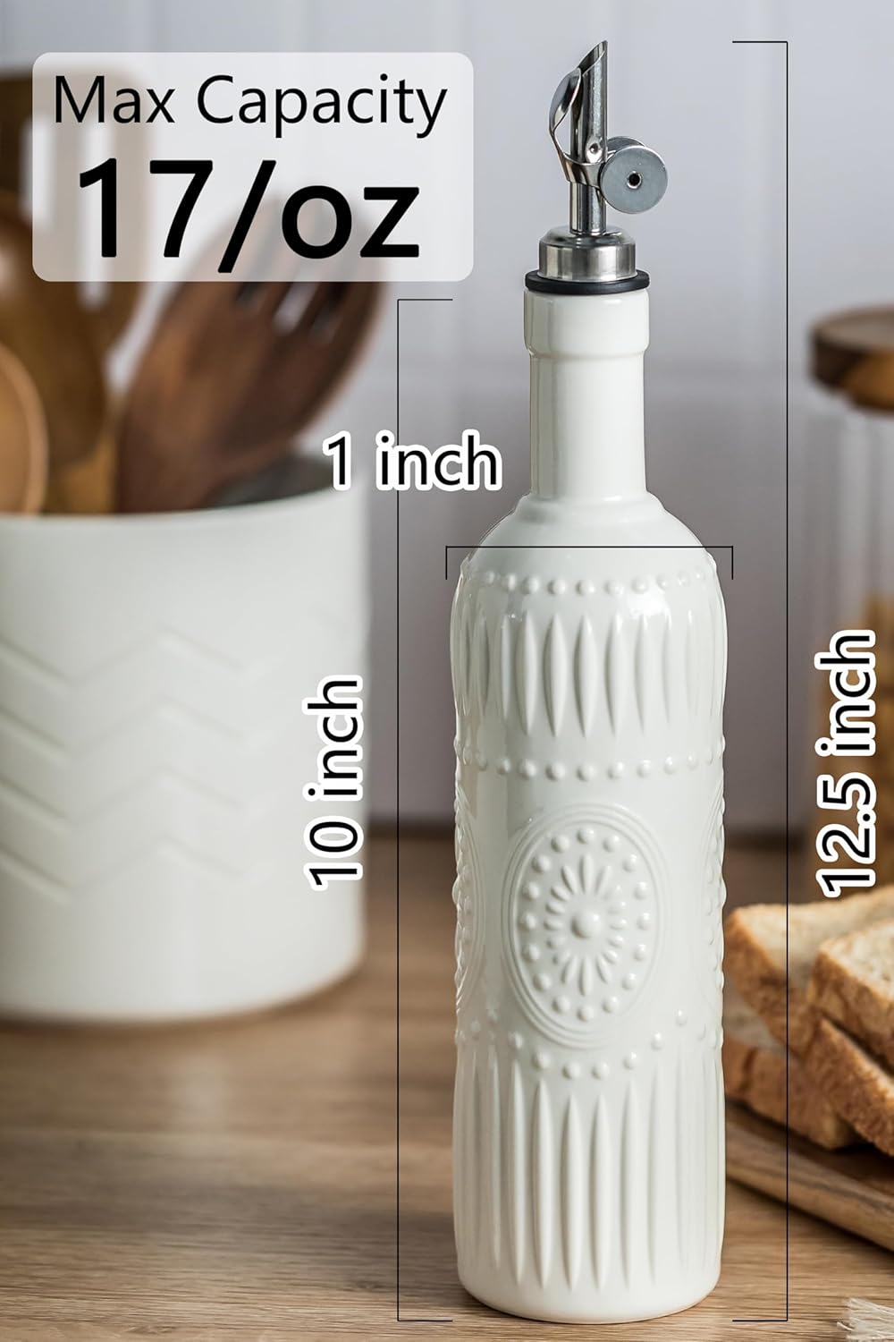 LYEOBOH Oil Dispenser for Kitchen, Olive Oil Dispenser Bottle with Non Drip Spout - 17 OZ Ceramic Vinegar Dispenser Bottle, Easy to Use for Kitchen Gadgets, Frying, BBQ, White